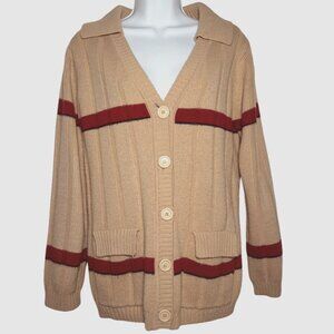 Vintage 70s Sweater Girl of California Stripe Collar Cardigan Tan Red Preppy S/M